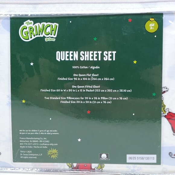 Dr. Seuss The Grinch Christmas Queen Sheet Set 100% Cotton by Franco - Picture 5 of 10